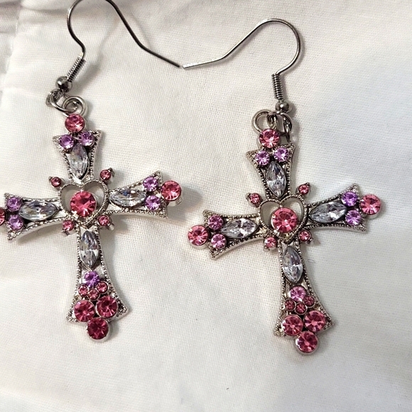 NEW Pink & Clear Rhinestones Cross dangle earrings - Picture 9 of 9